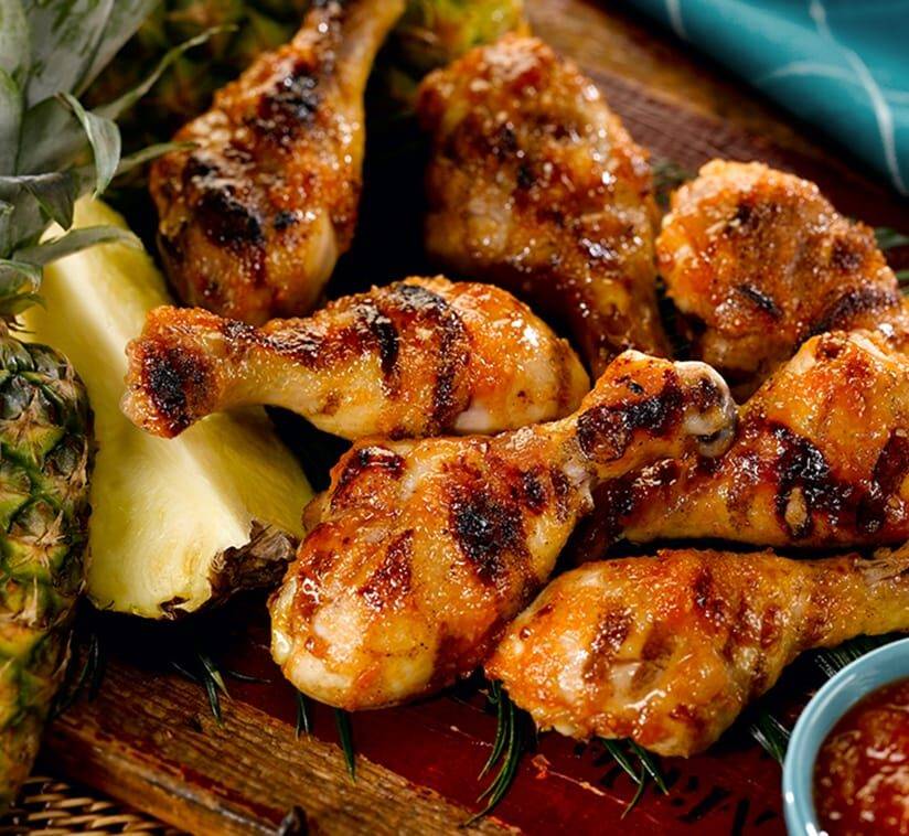 Grilled Chicken Drumsticks with Pineapple Sriracha Glaze Sanderson Farms