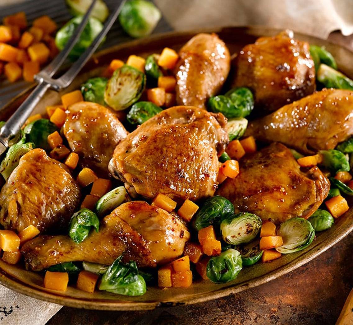 Pan Roasted Maple Dijon Chicken with Butternut Squash and Brussel Sprouts