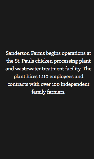  Sanderson Farms begins operations at the St. Pauls chicken processing plant and wastewater treatment facility. The plant hires 1,110 employees and contracts with over 100 independent family farmers.