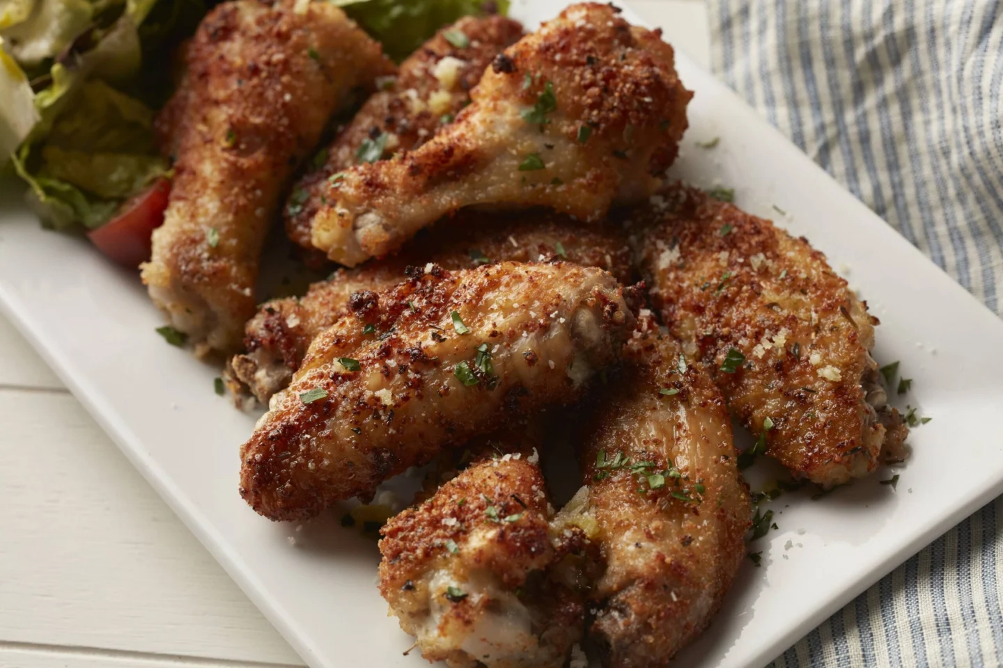 Crunchy garlic parmesan-coated chicken wings garnished with herbs and served on a white platter.
