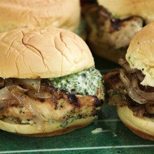 Garlicky Chicken Sliders With Basil Mayo and Caramelized Onions