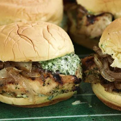 Garlicky Chicken Sliders With Basil Mayo and Caramelized Onions