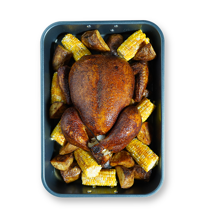 Cajun Spiced Roasted Chicken with Potatoes and Corn Sanderson Farms