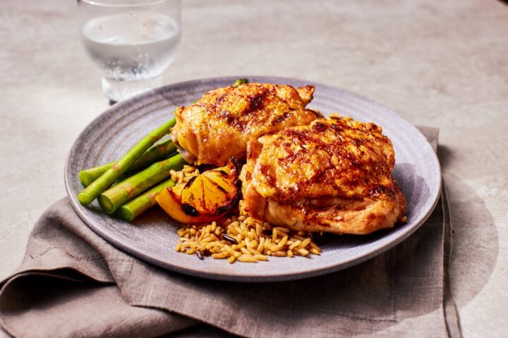 Grilled Chicken Thighs with Rice and Asparagus