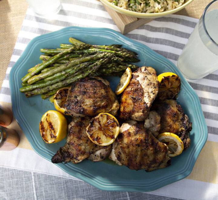 Grilled Chicken Thighs with Rice and Asparagus