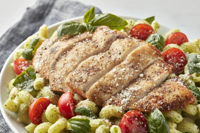 Chicken Tender Pesto Pasta with Tomatoes and Basil