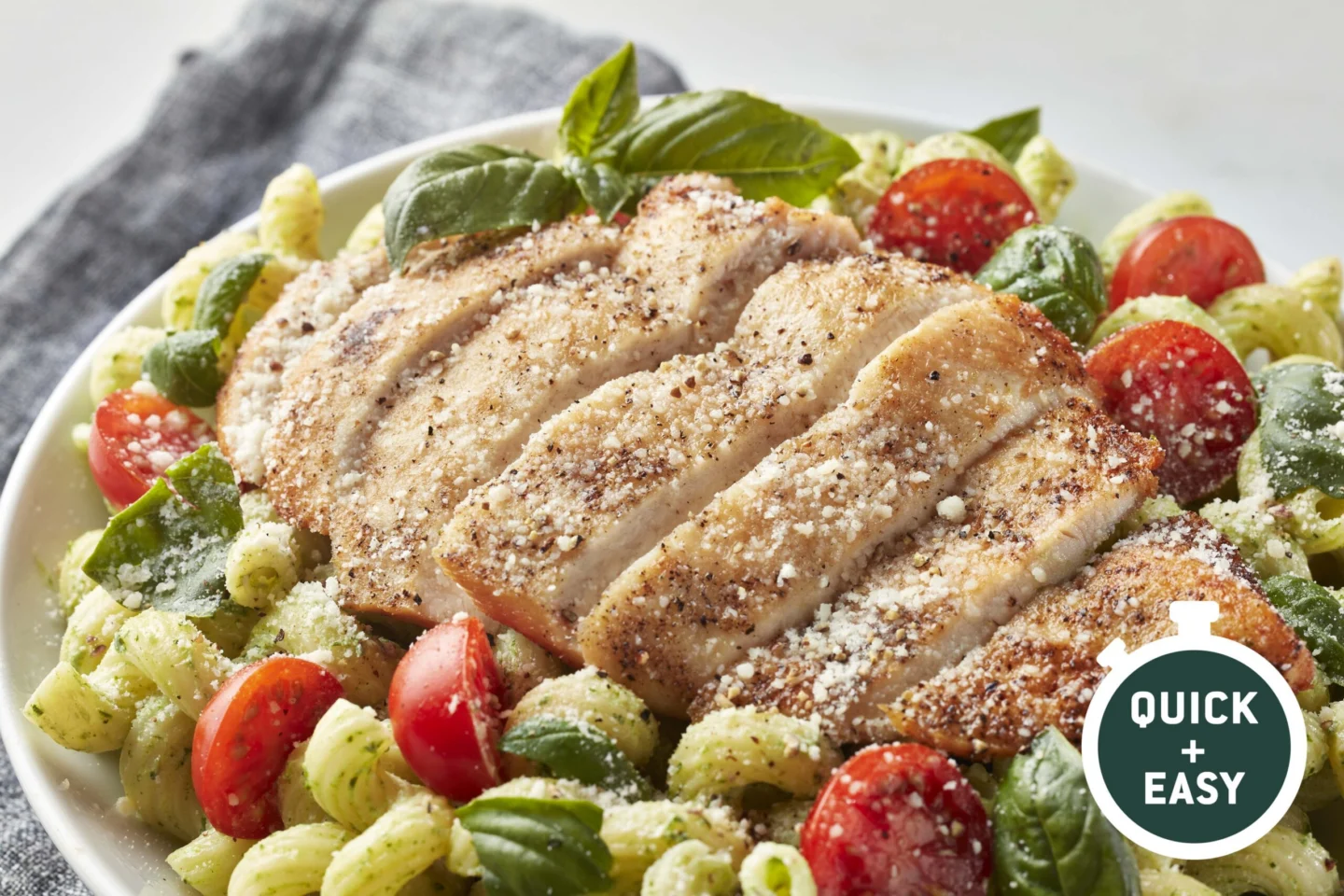 Chicken Tender Pesto Pasta with Tomatoes and Basil