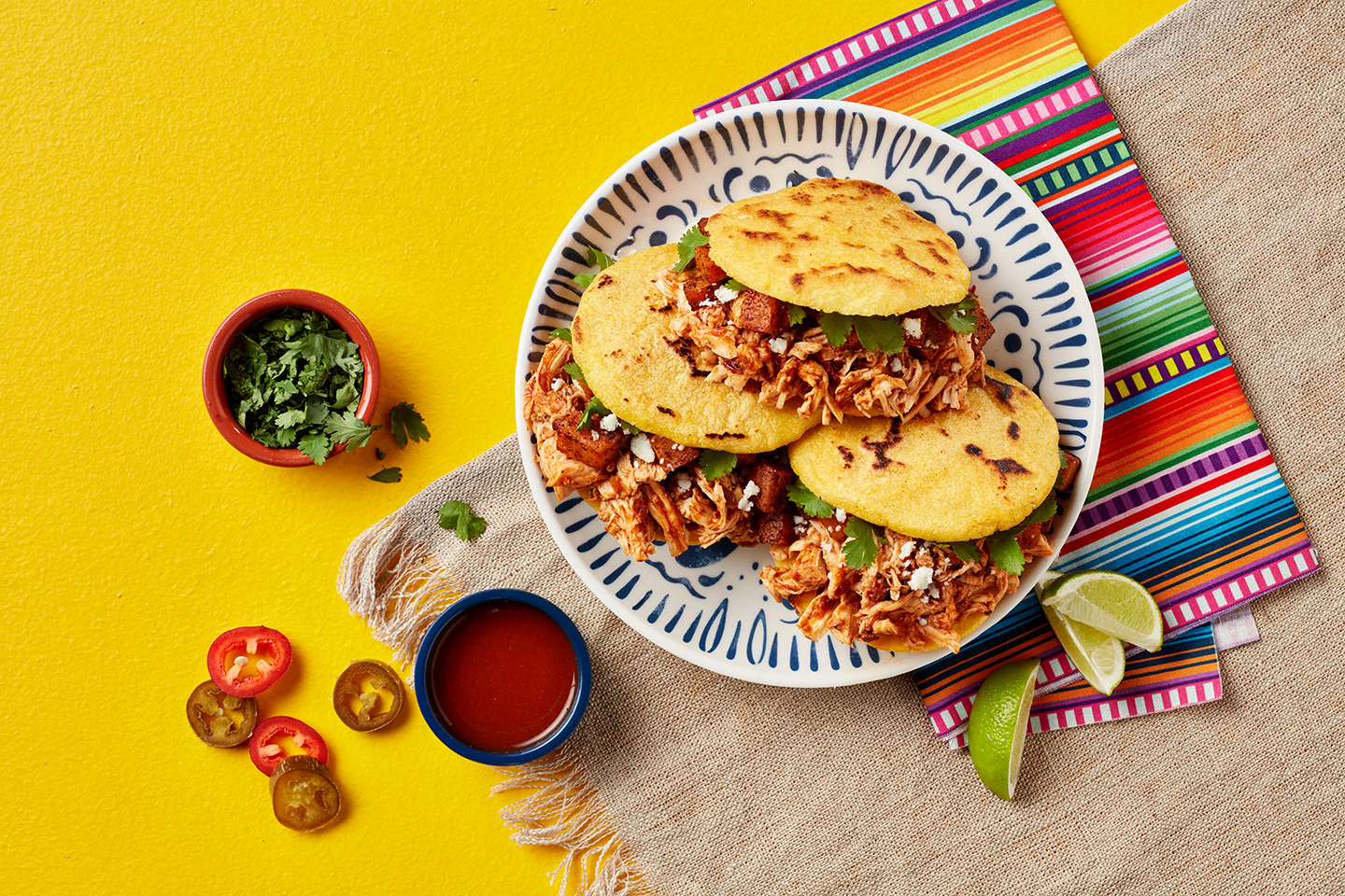 Arepas with Roasted Red Chile Chicken, Sweet Potatoes and Arugula