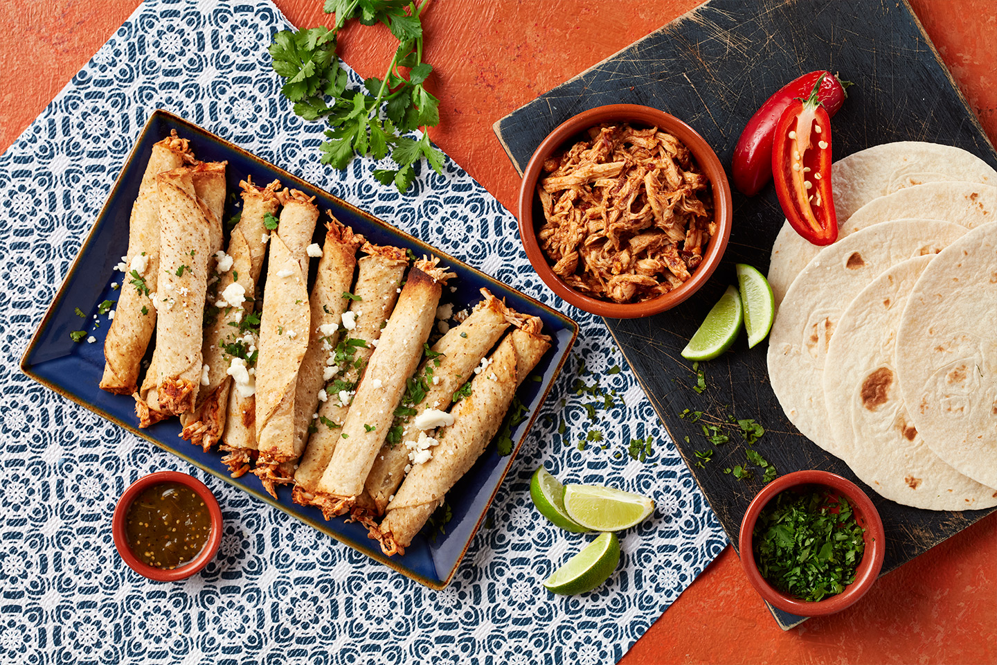 Shredded Chicken Flautas with Roasted Tomatillo Salsa