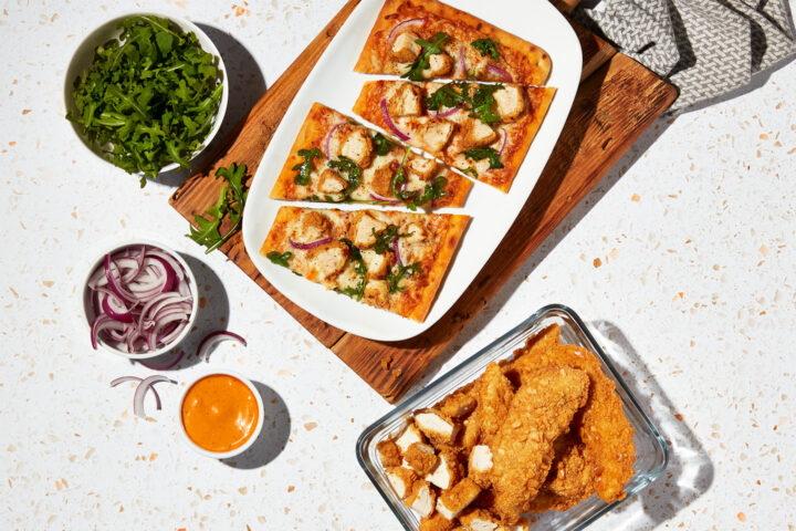 Crispy Breaded Chicken Tenders Cheesy Flatbread with Comeback Sauce
