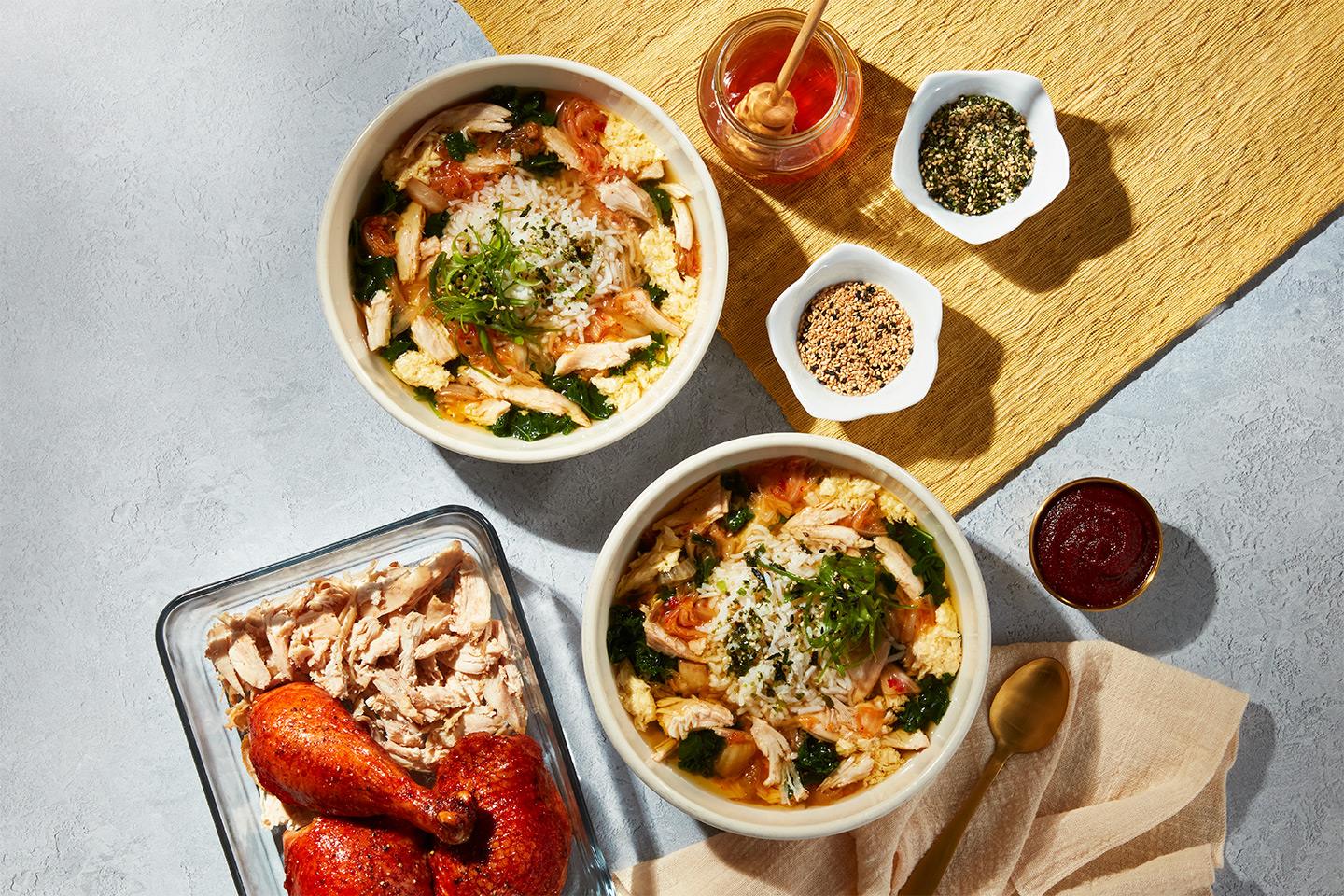 Gochujang Honey Roasted Chicken Soup with Kimchi and 90-Second Rice