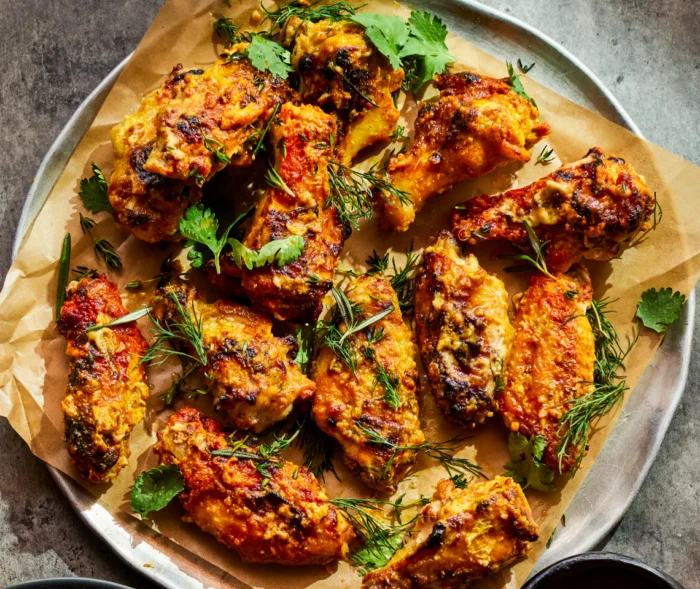 ALITAS DE POLLO AL CARBÓN CON YOGUR DE MISO Y MANTEQUILLA DORADA Y HIERBAS DEL JARDÍN