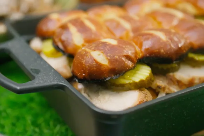 GRILLED CHICKEN & SMOKED CHEDDAR PRETZEL BUN SLIDERS